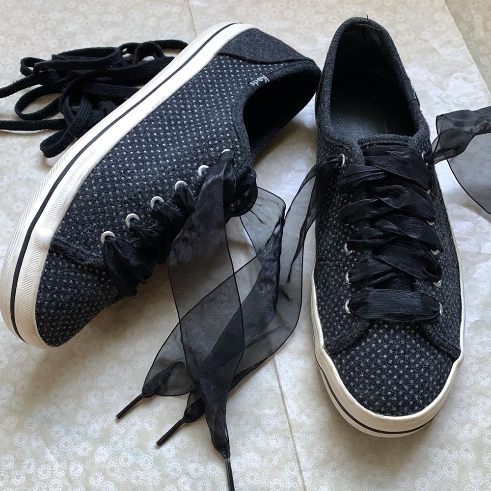 KEDS Kickstart Wool Black silver glitter polka dots 7.5 + fancy laces